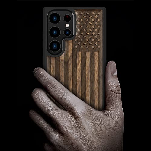 Image of Carveit Wood Case for Galaxy S23 Ultra, (The Classic American Flag-Walnut) | Samsung Galaxy S23 Ultra Cover, Unique Wooden Design, Engraved Wood with TPU Shockproof Bumper, Wireless Charging Compatible