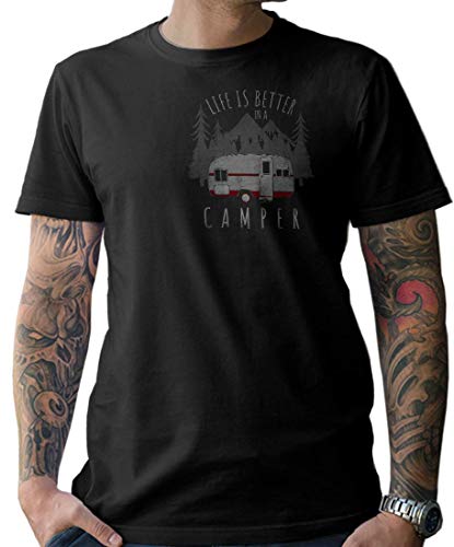NG articlezz Camiseta Hombre Caravana  Life Is Better en a Camper Talla S  XXXXXL - con Frontal y Dibujo en la Espalda - Negro/Negro, XL