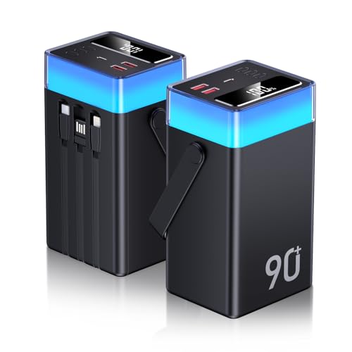 Powerbank 90000mAh, 30W USB-C Schnellladegerät, Power Bank mit 3 Kabel, 5 Ausgängen und 2 Eingängen tragbar Externe Akku mit LED-Display Taschenlampe, kompatibel mit iPhone,Android