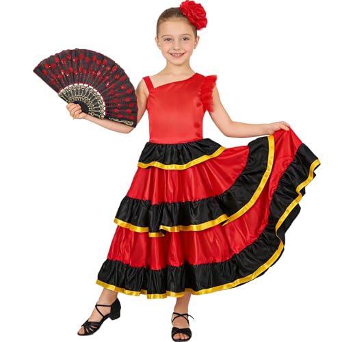LOLANTA Vestido Flamenco con Volantes para Niña 3 Piezas, Estilo Sevillana, con Flor Roja y Abanico Plegable, 180 Grados, 10-11 años, 150