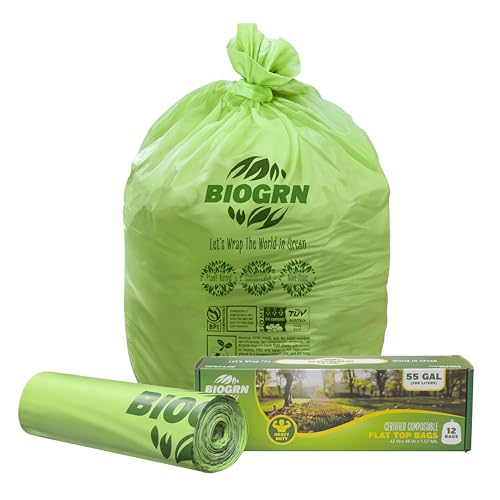 BIOGRN 50-55 Gallon Compostable Trash Bags Flat-Top 12 Bags Heavy Duty 1.57 Mil 208.2 Liter Large Lawn and Yard Waste Bag Compost for Outdoor Garden ASTM D6400, US BPI and OK Compost Home Certified