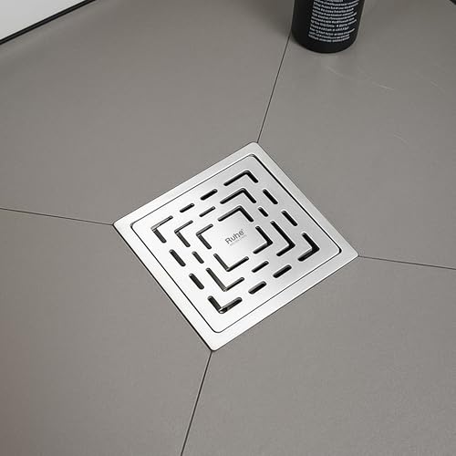 Image of Ruhe Sapphire Square Flat Cut Floor Drain | 304-Grade Stainless Steel with Cockroach Trap (6 x 6 Inches) | Floor Drainer for Bathroom, Balcony