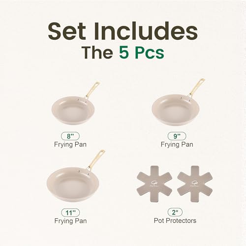Chef Power Ceramic Frying Pan with Stainless Steel Handle 5Pcs Set, Non Stick Grill Pan Set, Dishwasher and Oven Safe, Taupe and Light Gold Handle by Chef Power - Image 2