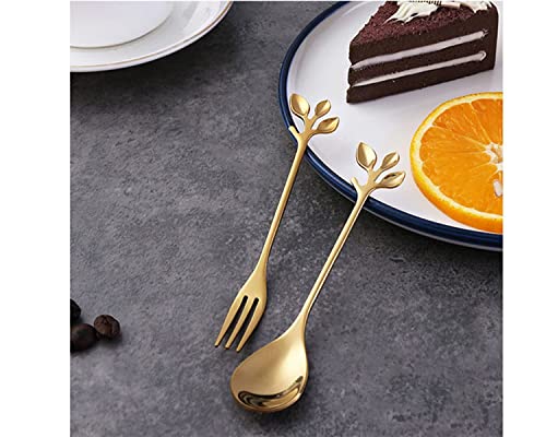 Image of Stainless Steel Creative Tableware Leaf Dessert Spoon & Fork, Coffee,Sugar,Mixing,Tea,Stirring,Cake & Icecream,Stir Bar Gold Set - Set of 1 Leaf Spoon & 1 Leaf Fork (Gold)