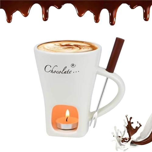 Set di Tazze in Ceramica per Fonduta di Cioccolato con Forchette E Candela, Tazza Portatile per Sciogliere Formaggio, Burro, Caramelle E Dessert(White)
