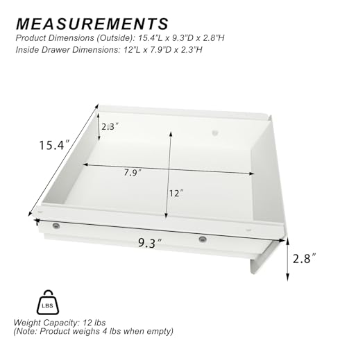 Image of White Under Desk Mounted Sliding Drawer with 60 Degree Tilt Panel to pull out, 15'' long & 9'' deep Large Storage Organizer for Sit Stand Workstation