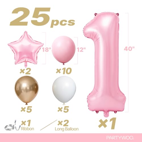 Image of PartyWoo Baby Pink Number 1 Balloon 40 Inch 25pcs Pink Foil Star White Gold