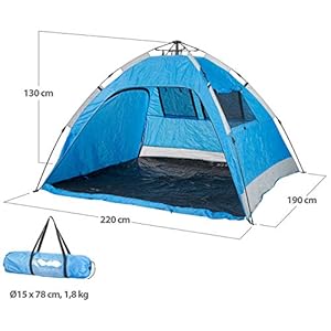 Semptec Urban Survival Technology Strandmuschel: Automatik-Strandzelt für 3 Personen, Belüftung, 220x190x130 cm, UV50+ (Automatik Strandmuschel, Automatik Strandmuschel XXL, Picknickdecke) 3 Schnorchelmasken 41Ke2TkH3ML. SS300 Kinderleichter Auf- und Abbau - dank Automatik-Funktion • Strandzelt mit hohem Lichtschutzfaktor UV 50+: auch für Babys geeignet • Extrasichere Strandmuschel - Leicht zu befestigen • Wasserabweisend und leicht zu reinigen • Handliches Packmaß: 15 x 78 cm, Gewicht: 2,8 kg
Kinderleichter Aufbau: auspacken, in der Mitte nach oben ziehen und Beine ausklappen - fertig! • Hoher Lichtschutzfaktor: UV 50+ • Material Zelt: 100 % Polyester, Zeltboden: Polyethylen • Gesamtgewicht: 2,8 kg
Vollständig öffenbare Wände an 2 Zeltseiten, je mit bodentiefem Reißverschluss • Extrasicher zu befestigen: dank Abspannseilen und Heringen • Farbe: blau