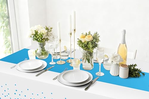 Image of Smiry Plastic Table Cloth Disposable 3 Pack, 54 x 108 Inch Rectangle Waterproof Tablecloth, Printed Gold Table Runner Style for Birthday Weeding, Party Decorations, Leakproof & Sturdy, White and Aqua