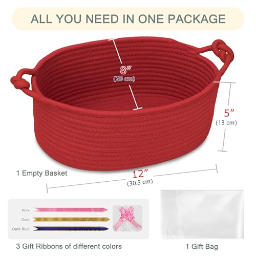 Image of COMSE Small Gift Basket Empty with Bag & Ribbons, Solid Red