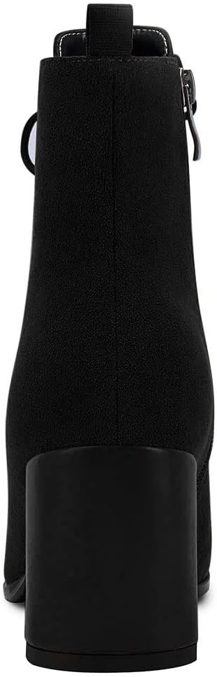 Aachcol Women Chunky Block Mid High Heel Ankle Boots Short Bootie Lace-up Close Pointed Toe Shoes Suede 3 Inch