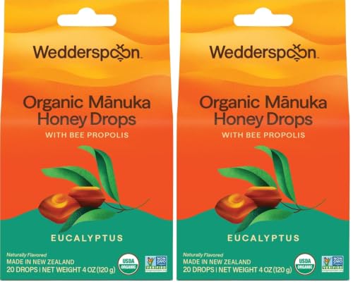 Image of Wedderspoon Organic Manuka Honey Drops, Eucalyptus & Bee Propolis, 20 Count (4oz) Genuine New Zealand Honey | Perfect Remedy for Dry Throats - (Pack of 2)