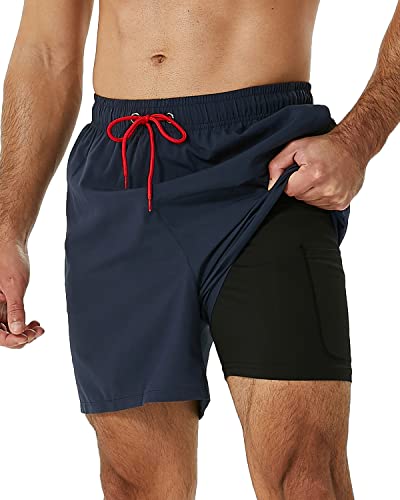 SILKWORLD Mens Swimming Trunks with Compression Liner 2 in 1 Quick-Dry Swim Shorts with Zipper Pockets,Navy,X-Large
