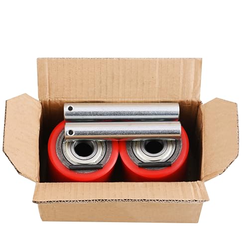 a pair of pallet jacktruck wheels 3 x 37534 745 x 93mm with pre-installed bearings 20mm id pu tread - includes axles and pins by jackcraft