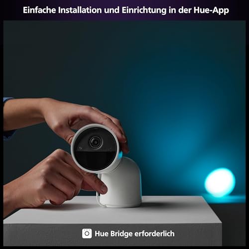 Philips Hue Secure kabelgebundene Smart Home &Uuml;berwachungskamera mit Standfu&szlig;, Full HD Video, f&uuml;r drinnen oder drau&szlig;en, Smart Home Security und Lichtsteuerung per App, wei&szlig;