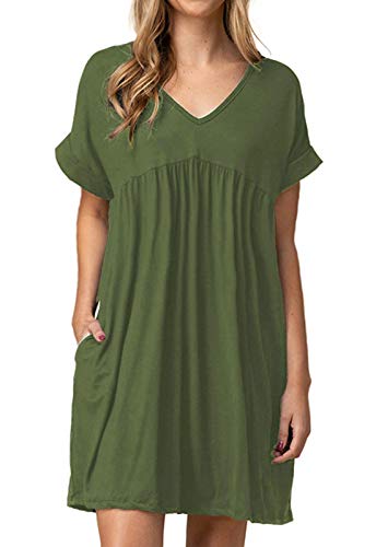 Image of Jayscreate Women's Baby Doll Dress Summer Casual Tunic Pleated Flowy Swing Short Sleeve Black V Neck Mini Dress