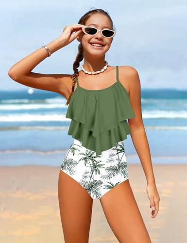 Image of Girls Swimsuit Color Block One Piece Swimsuit 2-Tiered Ruffle Bathing Suit Adjustable Strap Girls' Swimwear 7-16Y