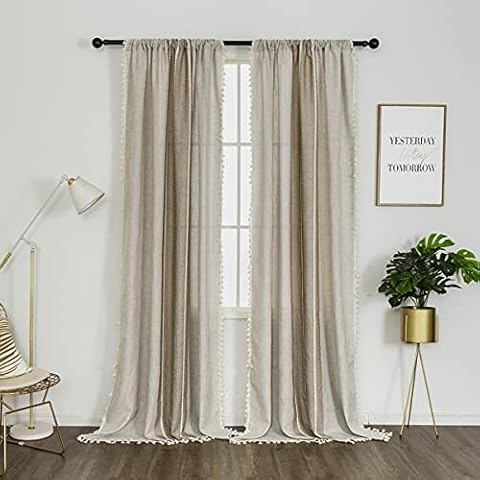 1 Pair Cotton Linen Boho Curtains with Tassel, Semi-Blackout Farmhouse Curtains for Bedroom Living Room (Beige and Coffee, 2 PCS 54" x 90") Cover