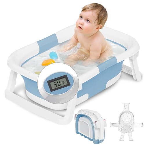 Image of napei Collapsible Baby Bathtub,Baby Bath Tub with Soft Cushion & Thermometer,Baby Bathtub Newborn to Toddler 0-36 Months,Portable Travel Baby Tub