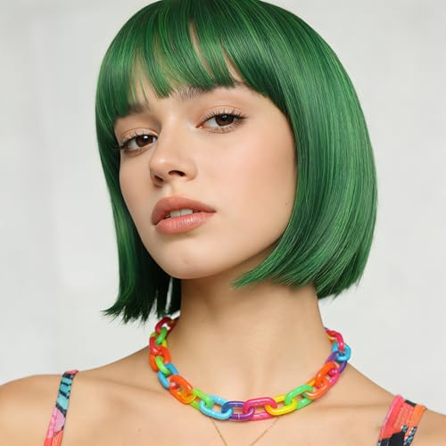 Image of QUEENTAS 10 Inch Short Straight Green Bob Wig for Women with Bangs Glueless Synthetic Hair Natural Looking for St Patrick's Day Halloween Cosplay