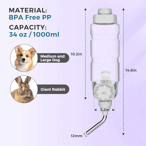 Image of Vannon Rabbit Water Bottle for Cage, Top Fill 34oz Bunny Water Bottle No Drip Automatic Water Dispenser for Dog, Rabbit, Guinea Pig & Small Animals Hanging Cage Water Bottle (Pack of 3)
