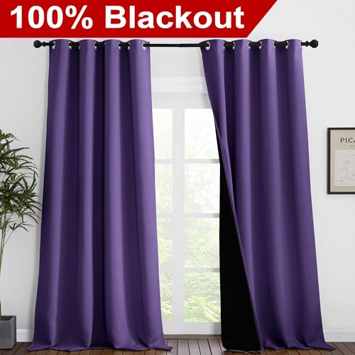 Image of NICETOWN 100% Blackout Blinds, Set of 2, 52 inches x 102 inches, Laundry Room Decor Window Treatment Curtains for Large Patio Sliding Door, Thermal Insulated Lilac Purple Curtains for Bedroom