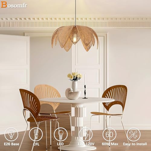 Image of Artica Farmhouse Rattan Chandelier- 1 - Light Hand-Woven Wicker Pendant Light Fixture, Boho Hanging Ceiling Lamp for Dining Room, Kitchen Island, Bedroom & Living Room