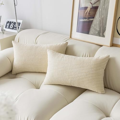 Demetex 12x20 Cream Pillow Covers Decorative Corduroy Throw Pillows Soft Striped Pillowcases for Sofa Bed Decorations, Set of 2, 12 x 20 inch, Cream
