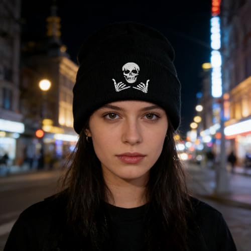 Image of Embroidered Skeleton Beanie Hat Winter Stretch Knit Skull Cap for Men Women