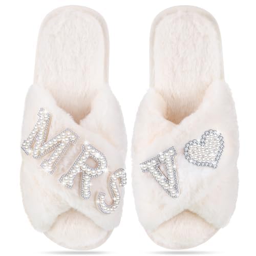 Bride Slippers Mrs Slippers Wedding Bride Slippers Personalized Initial Pearl Slippers Bridal Gifts for Christmas(7-8,V)