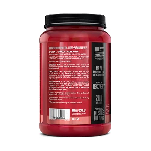 Image of BSN SYNTHA-6 Premium Protein Powder with 6g of Fiber, Whey Isolate, Micellar Casein, Milk Protein Isolate, 6g of Fat, Strawberry Milkshake, 14 Servings, 1.45 Pound (Packaging May Vary)