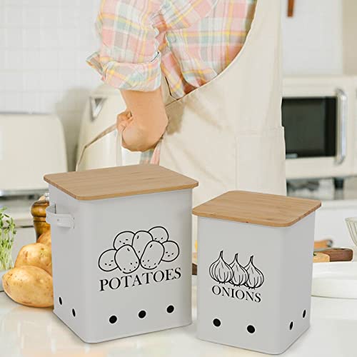 Image of Kitchen Vegetable Storage Tins Set of 2 for Potatoes, Onion, with wooden lid Garlic Bin Caddy, Long Shelf Life-white
