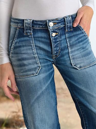 Flamingals Women Vintage Wash Patch Pocket Double Button Mid Rise Straight Leg Jeans Comfort Stretch Denim Classic Jeans4