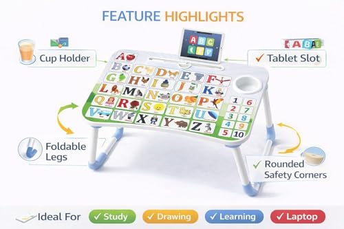 Image of Printed Wooden Study Desk for Kids, Foldable & Portable Laptop Table for Bed, Large Kids Activity Table with Non-Slip Legs, Multipurpose Breakfast Tray & Picnic Table (ABCD)
