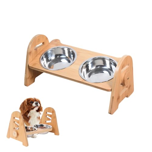 SilverChry Ciotole per Cani Rialzate con Supporto in bambù, Porta Ciotole per Gatti 2 Scodella in Acciaio Inossidabile, 4 Altezze Regolabile, per Gatti, Cuccioli, Cani di Piccola Taglia