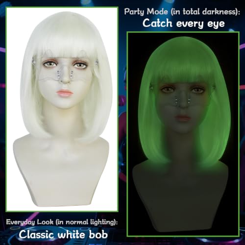 Image of ANOGOL White Bob Wig Women Glow In Dark Fluorescent Green Wigs