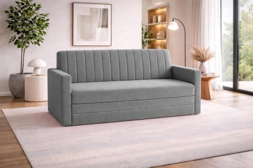 Image of Rosebell Foldable Sofa-Cum-Bed | 3-in-One Convertible Couch with Armrest | Modern Velvet Fabric Sofa for Living Room, Bedroom & Office-Grey-Color