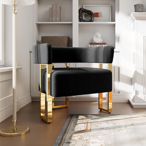Image of Black and Gold Accent Chairs, Boucle Barrel Chairs for Living Room, Modern | STHOUYN Boucle Upholstery, Curved Bucket Design, Bedroom Chair, Gold-Tone Base, Armchairs for Office, Small Space Seating