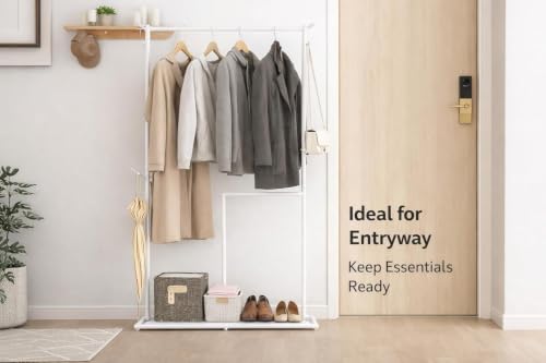 Image of Vasukie Heavy Duty Metal Clothes Rack with Bottom Storage Shelf & Side Hooks | Freestanding Garment Stand | Wardrobe Organizer for Bedroom, Living Room & Entryway (162.5 * 80.5 * 32.5) WHITE NEW