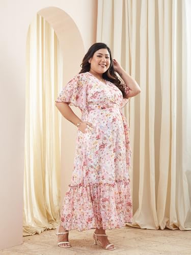 Image of Miss Chase A+ Women's Floral Wrap Chiffon Maxi Dress with Flutter Sleeves Frilled Hem