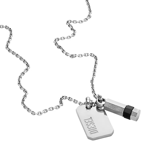 Diesel All-Gender Stainless Steel Dog Tag Pendant Necklace, Color: Silver/Black (Model: DX1156040)