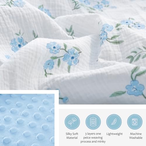 Image of BOPRIO Baby Blankets for Unisex Boys Girls Super Soft Nursery Minky Blankets with Breathable Muslin Cotton Front and 3D Touch Dotted Fleece Backing, Blue Floral Printed Bed Throws Newborn 30 x 40 Inch