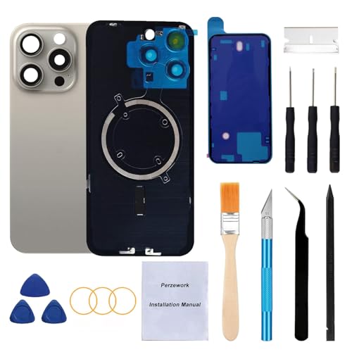 Perzework Rear Back Glass Replacement for iPhone 15 Pro Max 6.7-inches + Pre-Installed Plate and Camera Frame and lens + Reparing Tool Kit (Natural Titanium)
