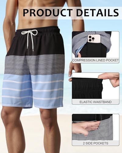 Image of Mens Swim Trunks with Compression Liner 2 in 1 Quick Dry Swimming Shorts Swimwear Bathing Suits with Pockets, 9 inch-Blue Stripe,XL