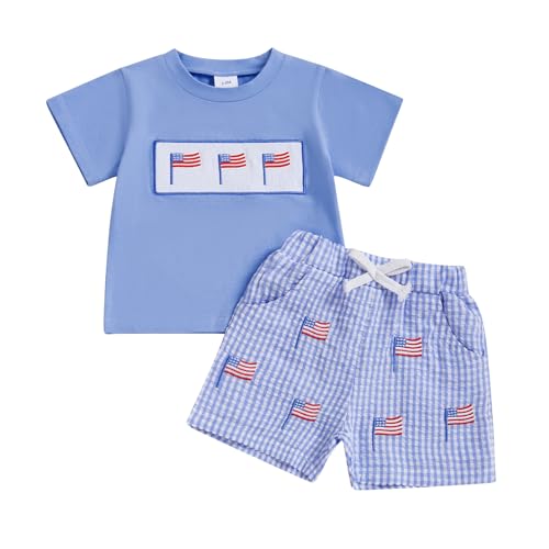 Toddler Baby Boy 4th of July Outfit Short Sleeve American Flag Smocked T-shirt Elastic Waist Shorts Summer Clothes (A-Blue, 2-3T)