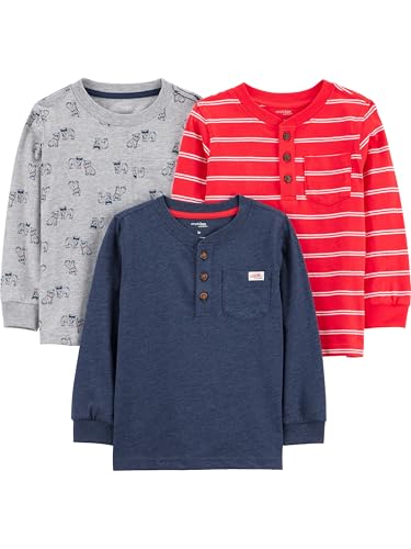 Simple Joys by Carter's Long-Sleeve Shirts, Pack of 3 T-Shirt, Blu Marino Puntinato/Grigio Cani/Rosso Righe Doppie, 4...