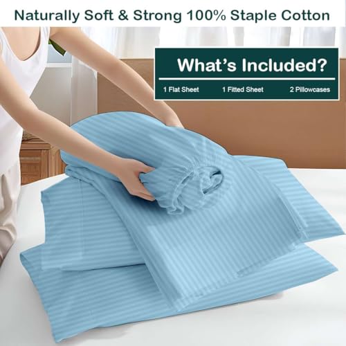 Image of NON Sticky cotton Premium 4 Piece Egyptian Cotton Fitted King Sheet Set, Hotel Quality Soft Breathable Bedding Sheets, 18 inch Deep Pocket, 78 inch X 80 inch, Light Blue Stripe