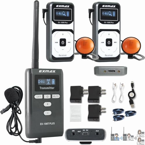 Sistema inalámbrico para guías turísticos EXMAX EX-100 Plus 72 MHz con micrófono para auriculares, para interpretación en iglesias, capacitación, conferencias y enseñanza (1 transmisor y 2 receptores) miniatura 1