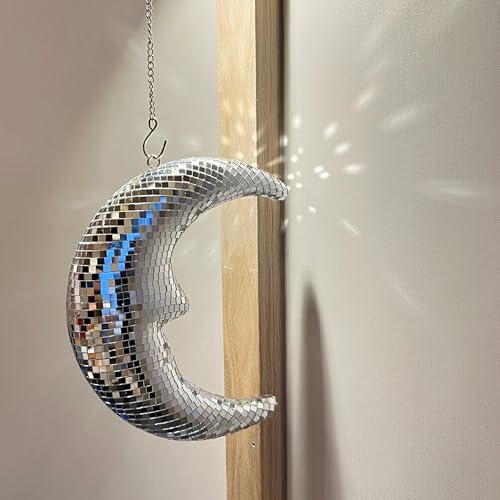 Image of Disco Ball Moon Decor 8.6'' Silver Crescent Hanging Ornament with Chain | Reflective Disco Moon with Metal Chain and Hook, Crescent Decor for Wall, Window Hanging , Bedroom, Bar, and Holiday Decor