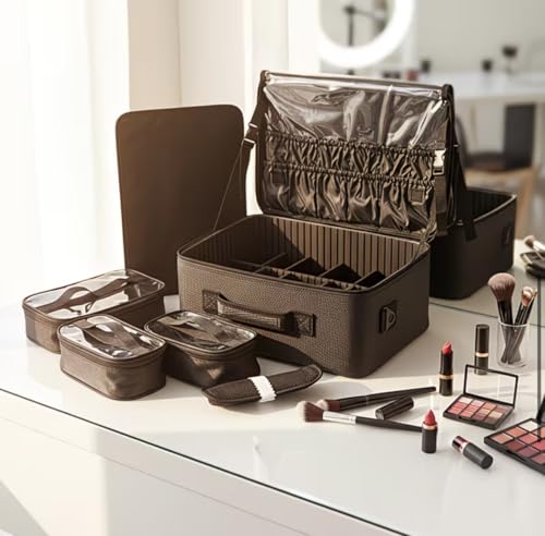 Image of Adson Large Makeup Bag 3 Layers Professional Train Cosmetic Bag Makeup Organizer Case Artist Storage Brush Box with Adjustable Dividers and Strap for Makeup Accessories (Metallic Black)